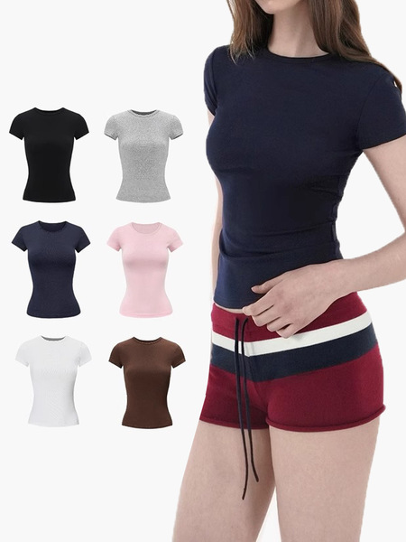 Sports fitted base summer elastic T-shirt with a round collar