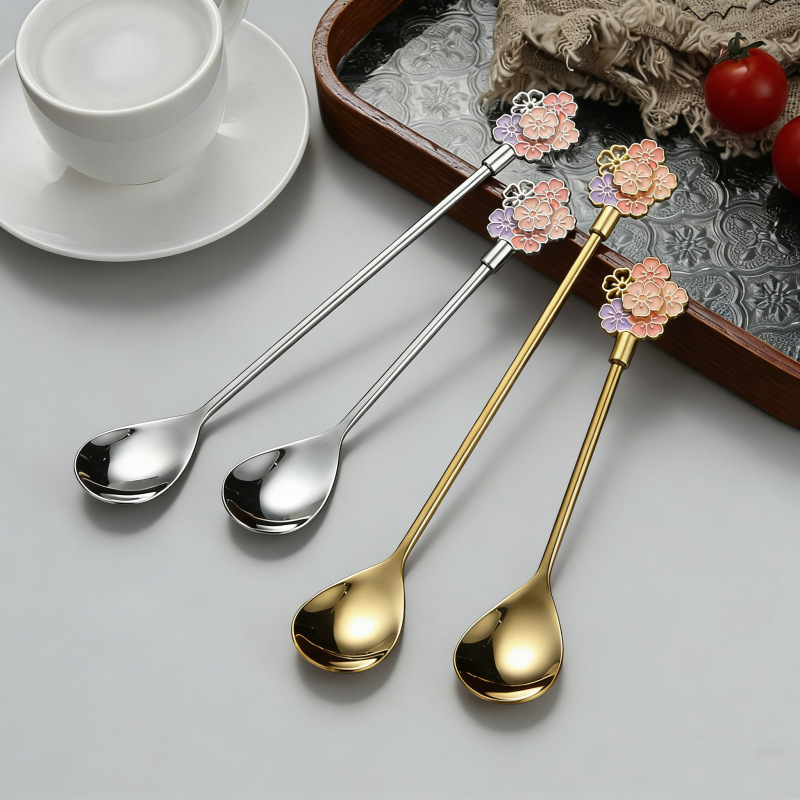 Japanese-style Cherry Blossom Stainless Steel Dessert Trendy Exquisite Lg-handled Stirring Spo, Household Coffee_voghion.com
