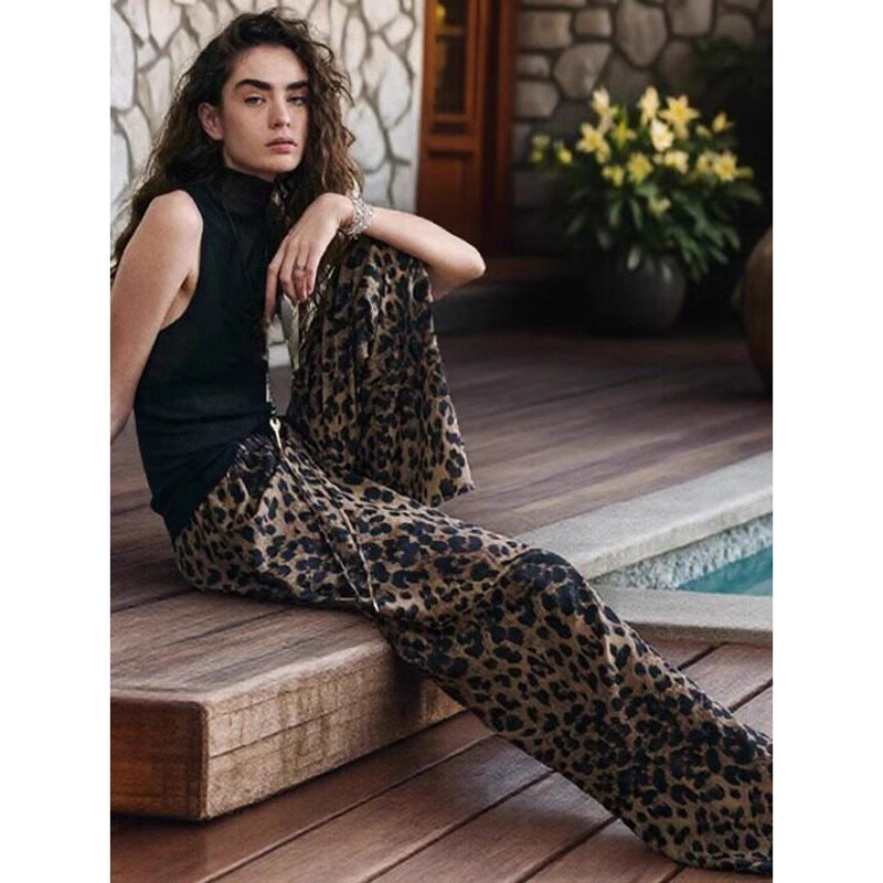 Jomi Fashionable Pants 14mm Silk Crepe De Chine Mulberry Silk Flowy Leopard Print Shorts Air Pants Wide-Leg Pants Long Pants