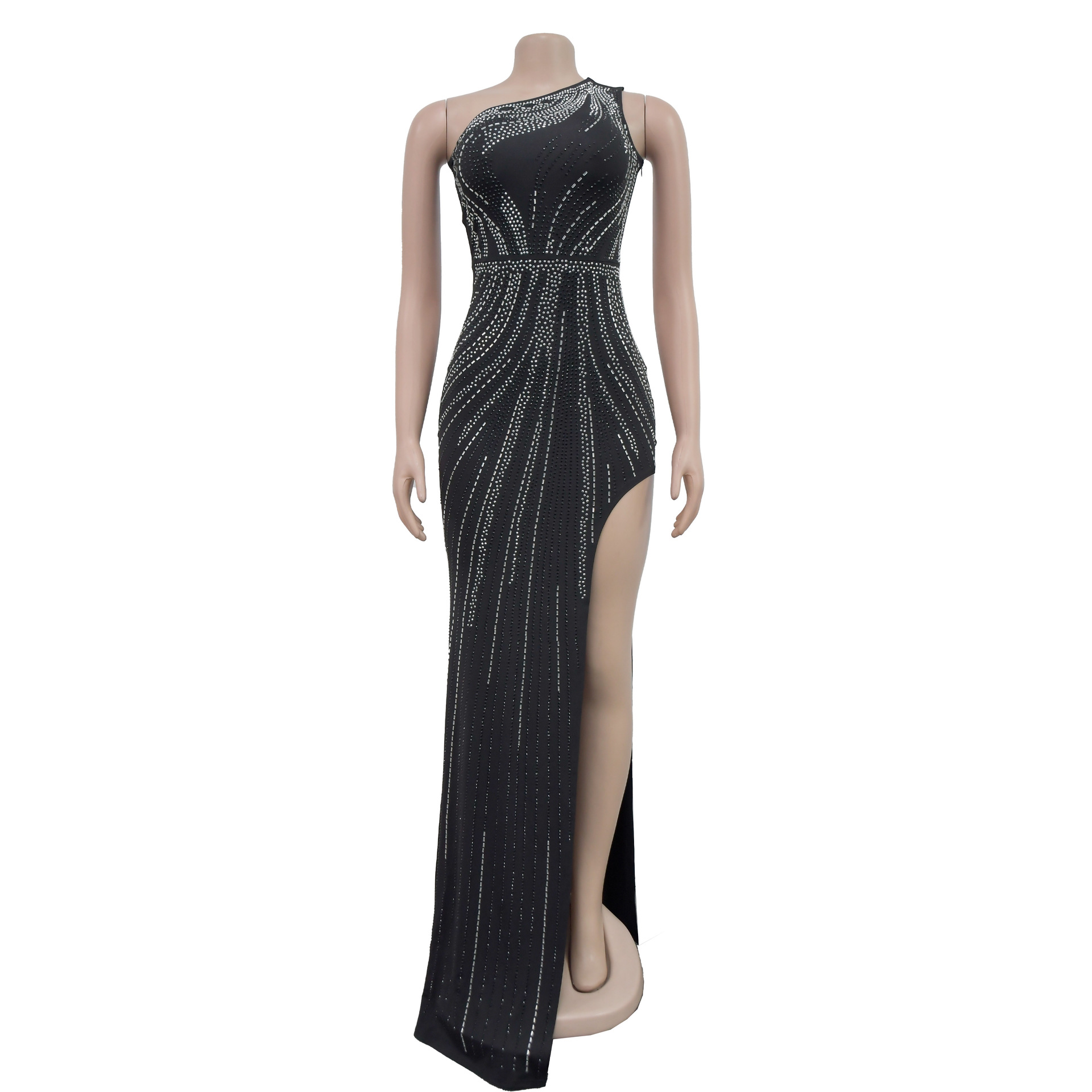 Robe moulante ornée de strass pour femme – Robe de soirée sexy à manches longues, élégante et glamour._voghion.com