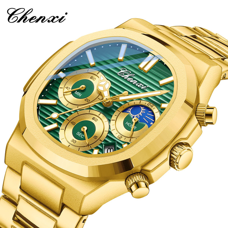 Chenxi Multifunctional Real Three-Eye Nautilus Gold Watch Cross-Border Timing Luminous Waterproof Steel Band Quartz Watch Men's Watch Chenxi Multifunctional Real Three-Eye Nautilus Gold Watch Cross-Border Timing Luminous Waterproof Steel Band Quartz Watch Men's Watch