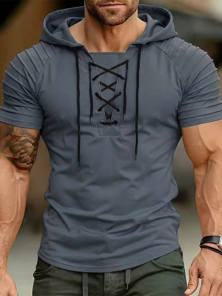 Men's Hooded Polo Shirt With Drawstring And Pleated Sleeves_voghion.com