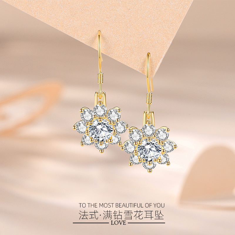 Plata esterlina s925 pendientes populares Corea del Sur copo de nieve pendientes largos elegantes Internet celebridad hielo flor moda completo diamante nuevo