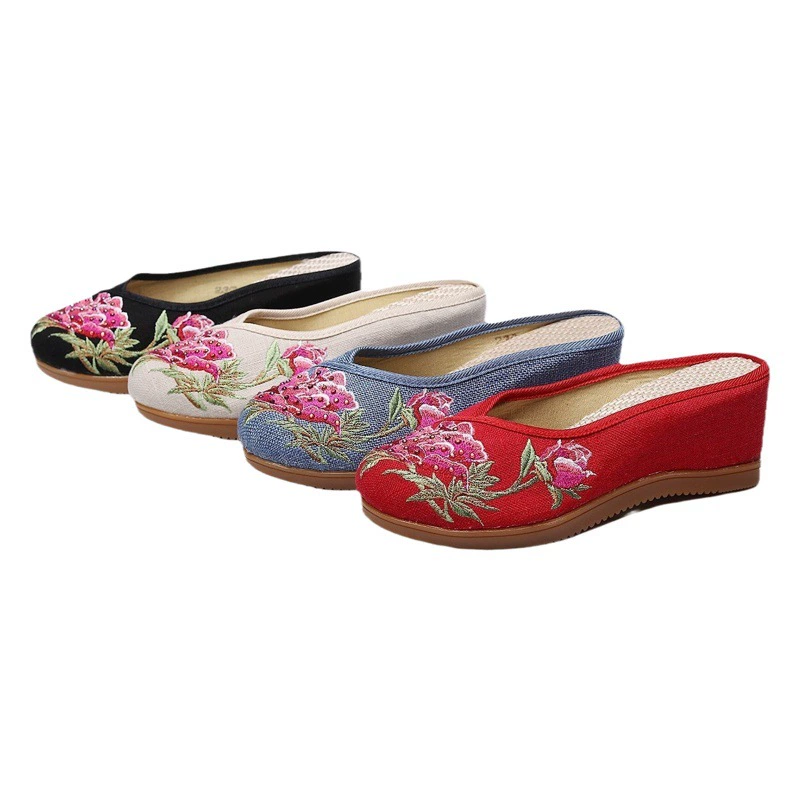 Тапочки на высоком каблуке, Женская Тканевая обувь со стразами, летняя льняная вышивка, верхняя одежда в этническом стиле, сандалии