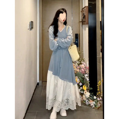 Fake two-piece lace spliced ​​blue long-sleeved dress for women 2025 new early autumn high-end French long skirt