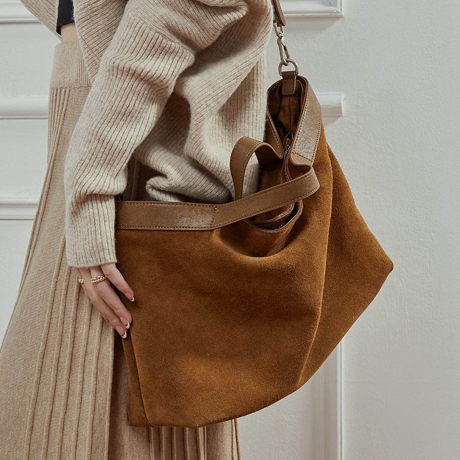 Retro Matte New Season Shoulder Bag Large Capacity Premium Texture Commuter Tote Bag Genuine Leather Women's Contrast Color Crossbody Bag - Thumbnail 2