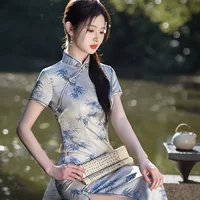 2025 новый китайский стиль весны и лета новый cheongsam юбка темперамент атласное платье дешевая одежда для оптовой продажи