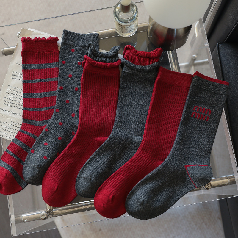 Ankora Red Cotton Socks Women's Spring and Autumn Grey Pile Socks with Loafers Women's Red Socks