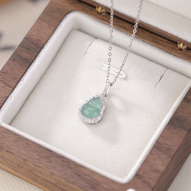 Mặt dây chuyền bạc S925 mạ vàng xanh ngọc bích hình bầu dục phong cách thời trang — Kiểu bạc (không có dây chuyền)