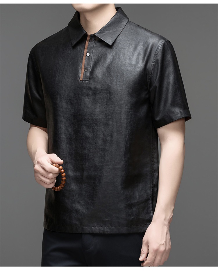 Áo polo nam tay ngắn lụa Mulberry jacquard ve áo satin — Da đen 8885 chi tiết 10