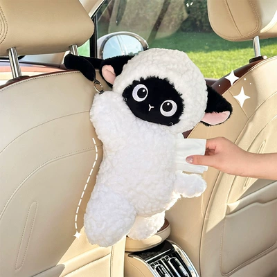 Car tissue box/set — Tissue Extraction Decoration Supplies - hanging-tissue-box-doudou-velvet-black-face-and-white-sheep