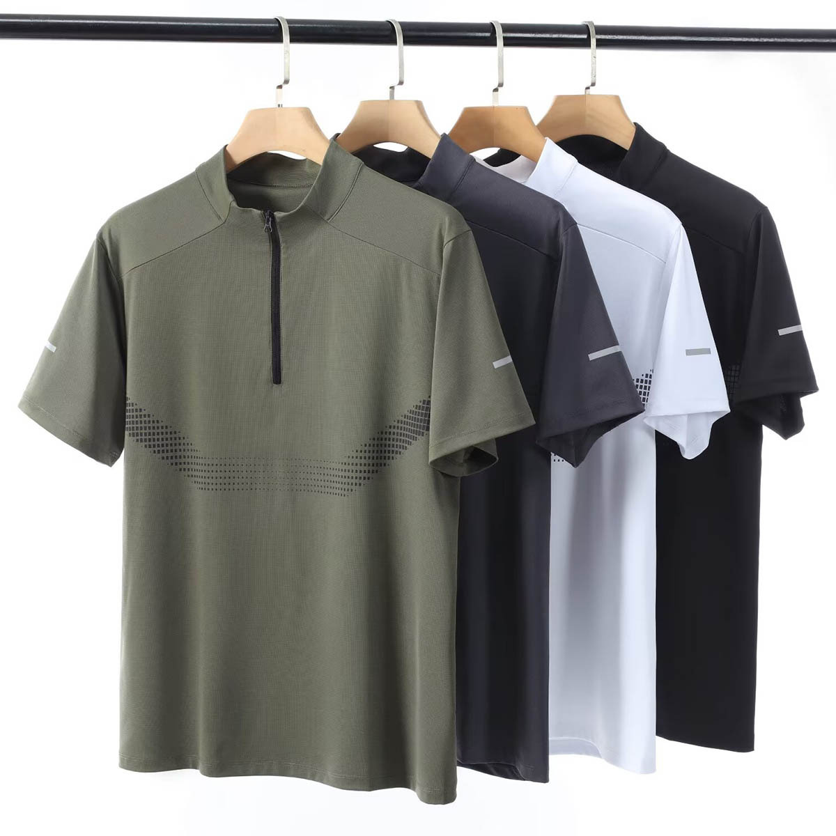 스포츠 반팔 남성용 하프 지퍼 러닝 탑 스탠드 칼라 아이스 실크 속건성 반팔 여름 스포츠 트레이닝 테니스 의류