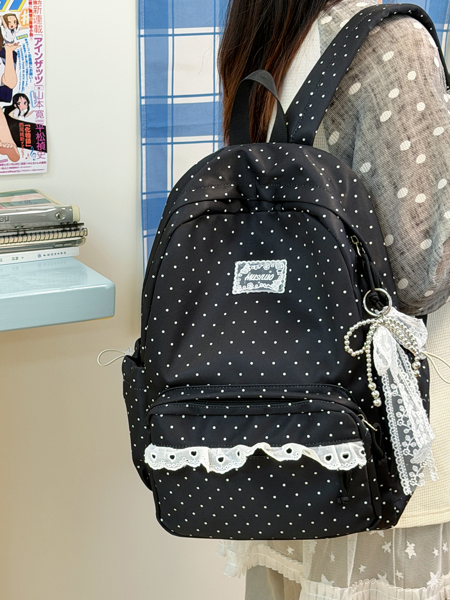 Polka Dot Lace Trim Spacious School Backpack 22