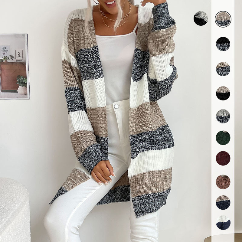 【Bai Fen Zhi Yi】Cross-Border Exclusive Supply of Autumn and Winter Hot-Selling European and American Women's Long Buttonless Color-Blocked Sweater Coat for Women