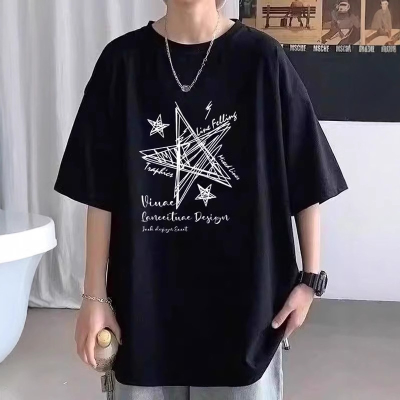 欧美高街夏季短袖男潮牌复古t恤男五星印花潮流宽松百搭上衣服