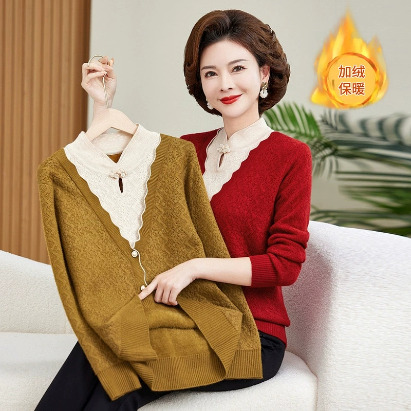 Зимние плюшевые мамы свитера для пожилых женщин толстый свитер свекровь красный теплый свитер топ для женщин