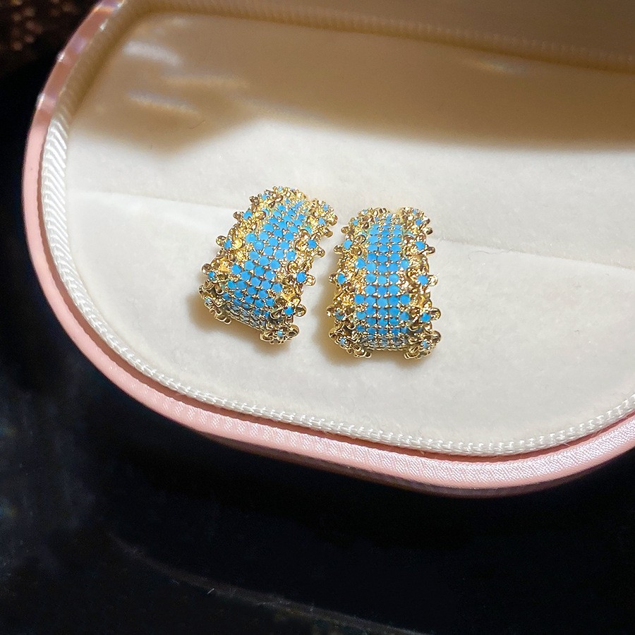 Pendientes de flor de cristal de aguja de plata, cuentas de arroz de cristal, pendientes azules, pendientes de estilo de vacaciones frescas, pendientes de lujo ligero, de alta calidad, mujeres