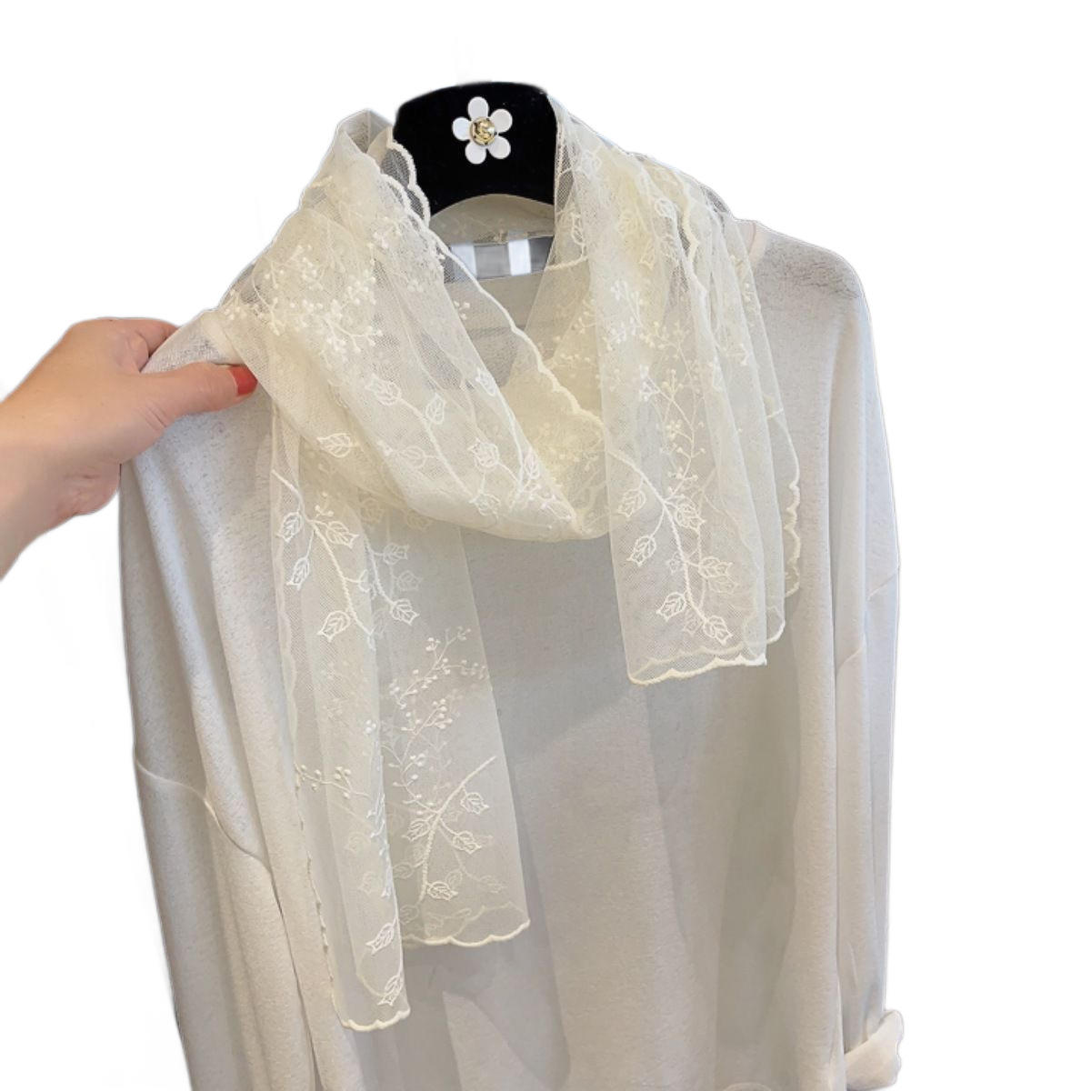 Lenço de seda com renda floral echarpe de verão mulher_voghion.com