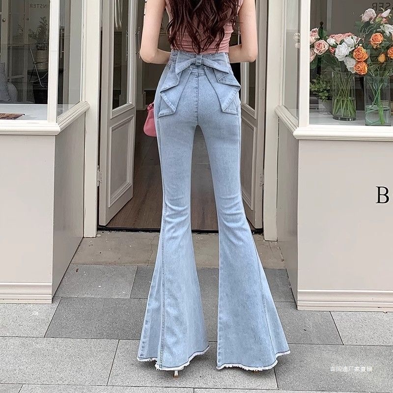 145 Petite Yifei Same Style Three-Dimensional Back Waist 3 Butterfly Flared Jeans Women's Summer High-Waisted Bell-Bottom Pants