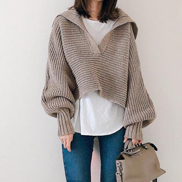 European and American fashion wide collar sweater knitted top women's knit sweater pullover top women