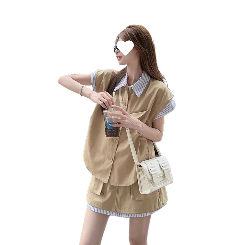 港风复古运动套装女夏季宽松时尚假两件衬衫短袖短裙休闲两件套潮|undefined