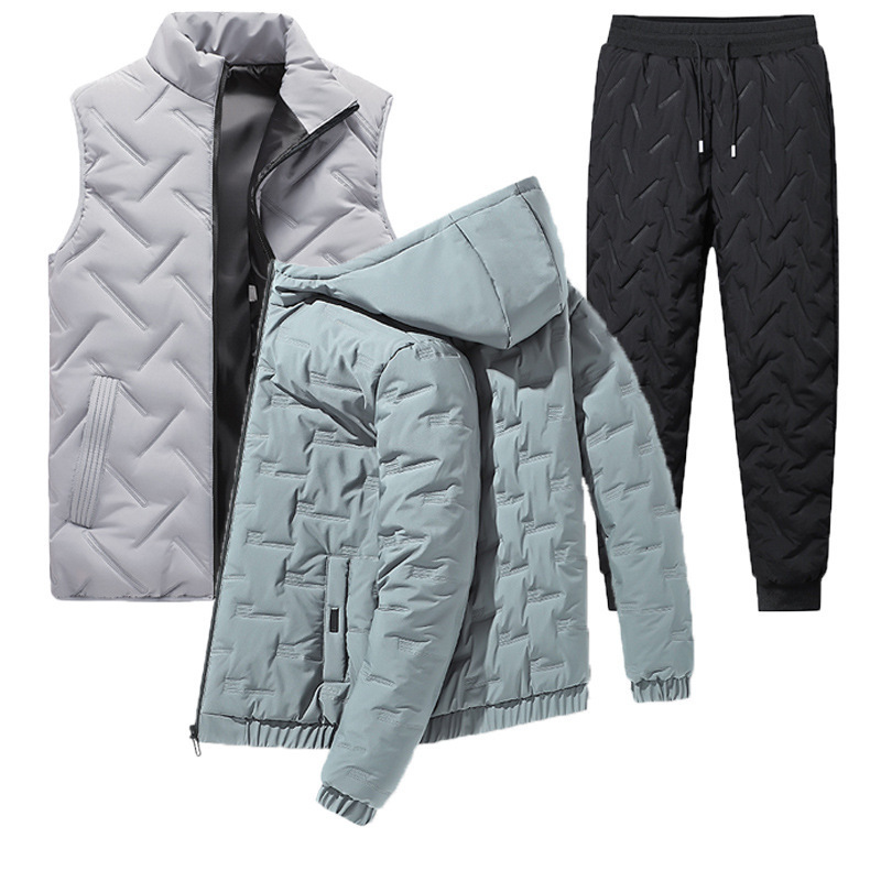 Comercio exterior transfronterizo hombre de algodón grueso abrigo de invierno nuevo conjunto de ropa de invierno de tres piezas chaqueta de algodón de plumón cálido conjunto
