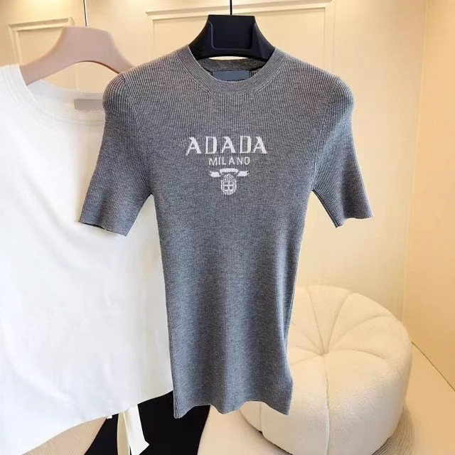 2026 New Style Logo Letter Embroidery Casual Short-Sleeve Knit Shirt White Tower Ins Slim Fit T-Shirt Top for Women
