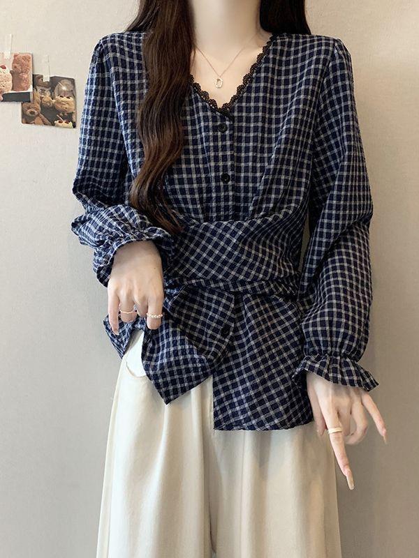 格子V领长袖打底衬衫女2025年秋新款时尚设计感系带收腰显瘦上衣|undefined