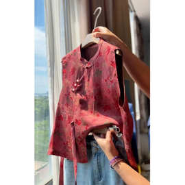 新中式红色提花坎肩上衣女2025巨好看的不规则下摆桑蚕丝无袖衬衫