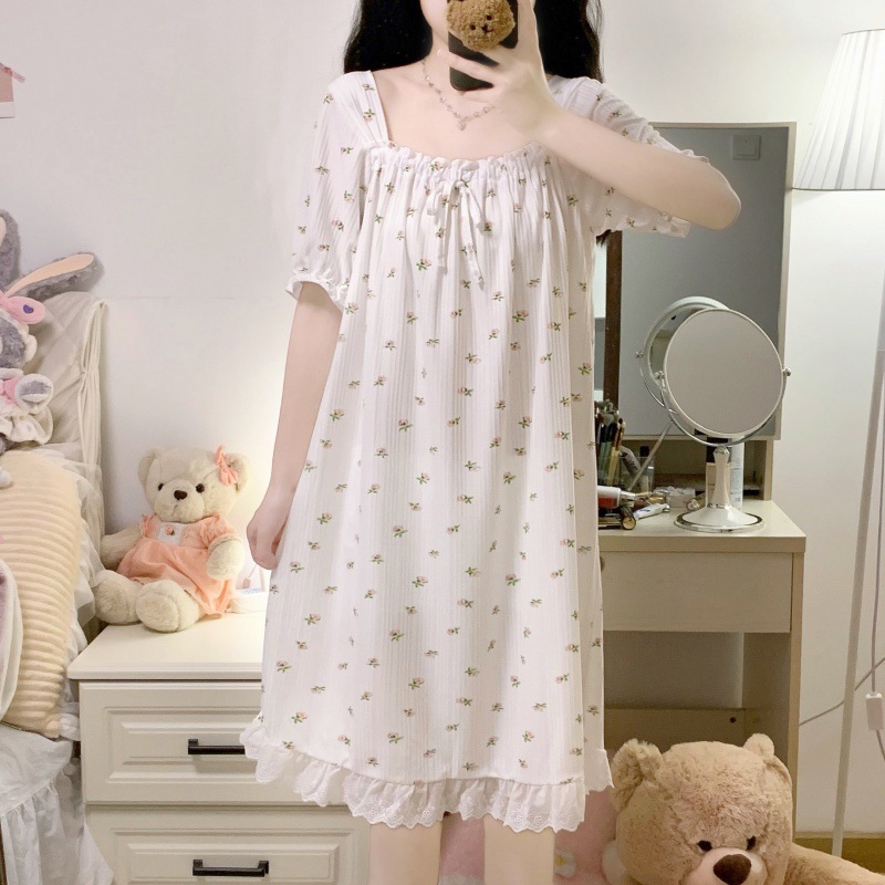 Real shot 2022 summer new pattern pajamas Nightdress printing square neck French Short sleeved Home Furnishings wholesale