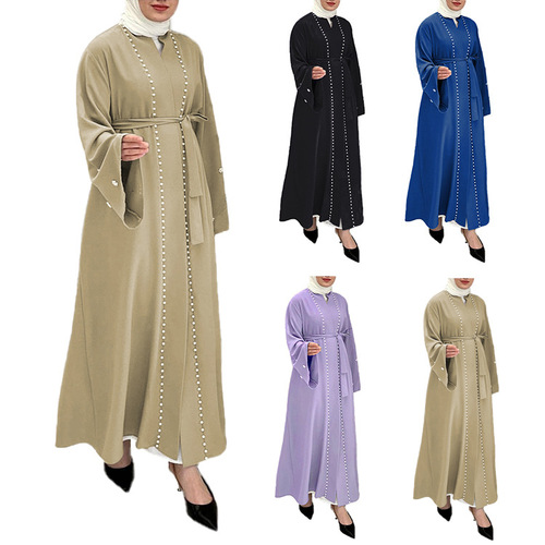 Yiduodu European and American Solid Color Flared-Sleeve Cardigan with Pearl-Inlaid Patchwork Dress 21666 Middle Eastern Style Long Sleeve