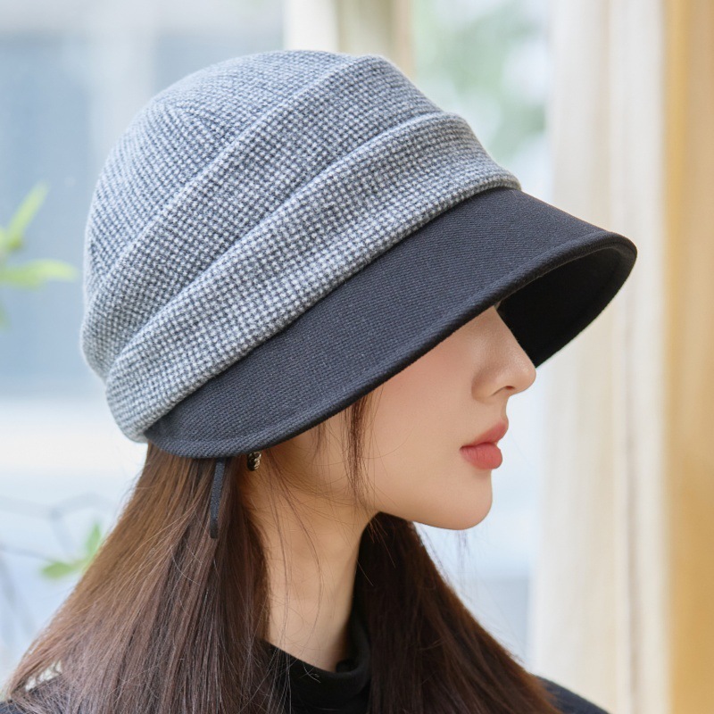 秋冬季帽子女韩版时尚百搭千鸟格盆帽优雅折叠显脸小马术帽渔夫帽|undefined