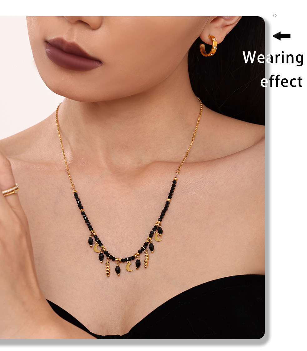 Sugar Cube Retro Temperament Black Crystal Moon Tassel Pendant Clavicle Necklace Stainless Steel Dark Queen Jewelry_voghion.com