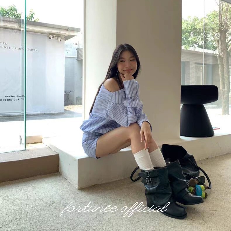 女性用プリーツパイルブーツ 2025 春夏新作ブラックメイラードブーツ女性用インナー高さレトロチムニーブーツショートブーツ|undefined