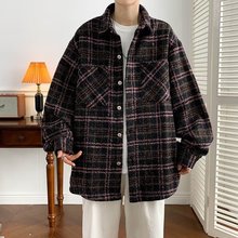 2023小香风毛呢外套男士秋冬季格子潮衬衫情侣款翻领帅气休闲夹克
