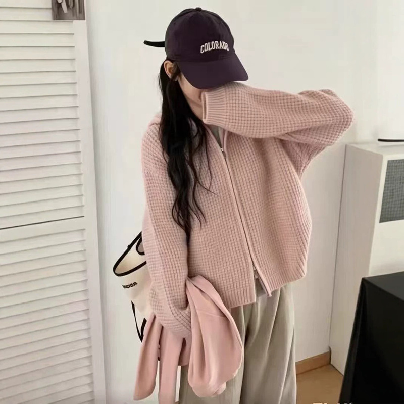 Korean-style waffle-knit hooded zip-up sweater, women's autumn/winter new collection, loose and relaxed fit outerwear