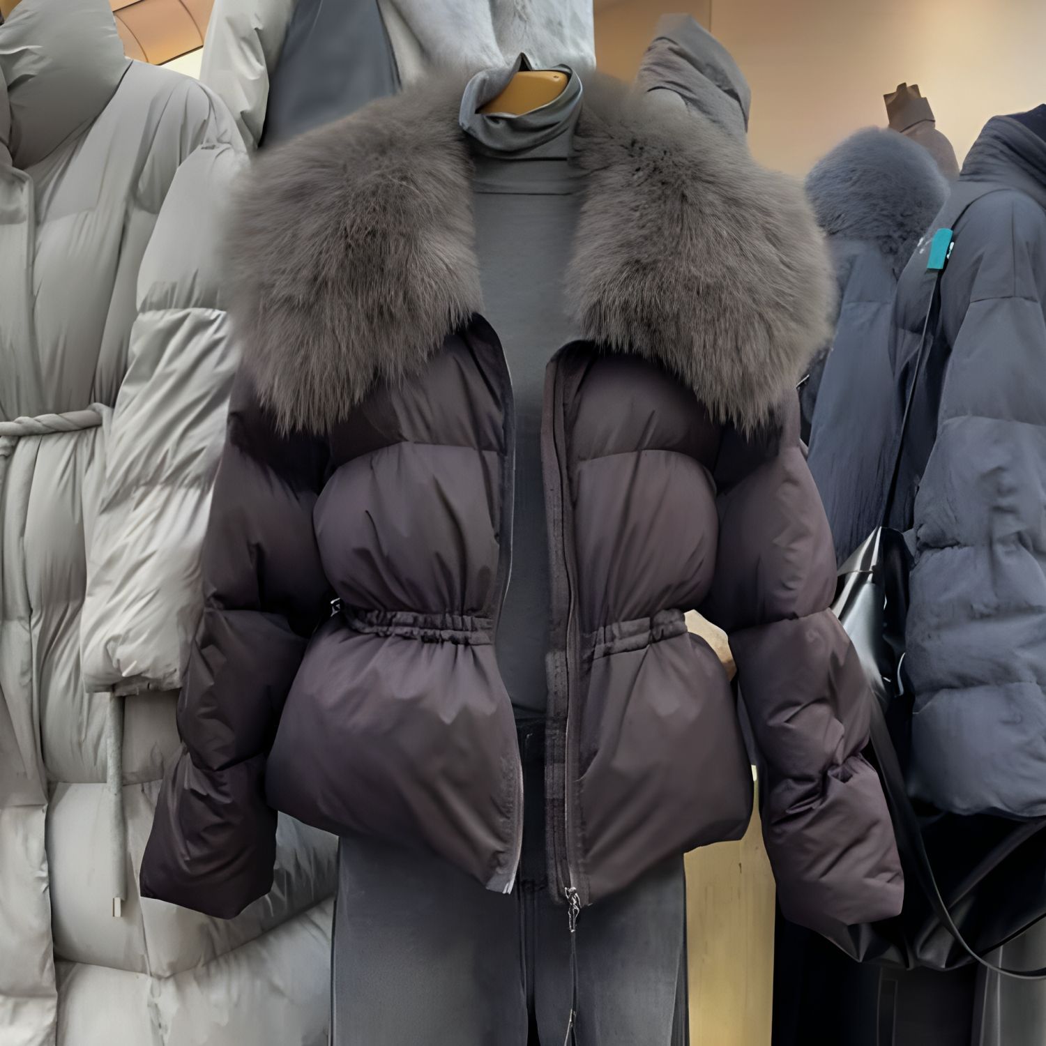 Korean Style Big Fox Fur Lapel down Jacket for Women, Winter Style Loose Waist Slimming Duck down Jacket