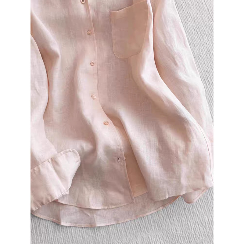 Áo sơ mi nữ linen dài tay thoáng khí chống nắng xuân hè — Mật đào bột chi tiết 1