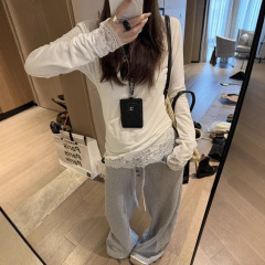 Miu系时尚黑标蕾丝拼接设计修身长袖T恤女2025秋冬内搭打底衫