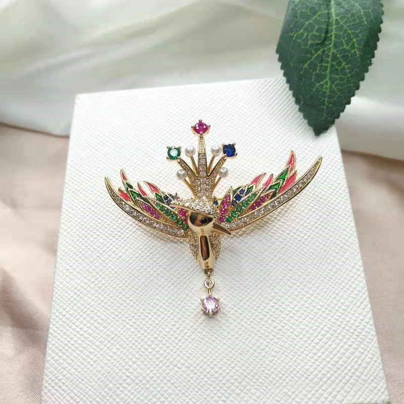 New Colorful Oil Enamel Phoenix Brooch Pins for Women Fashion Inlaid Zircon Crystal Pearl Corsage Pin Clothing Accessories Brooches