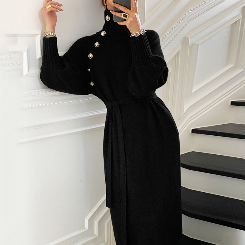Chic Retro Dress with Buttons, Autumn and Winter Sweater, High Collar, Two-Way Wear, Women's Knitted Waist-Cinching Dress Chic Retro Dress with Buttons, Autumn and Winter Sweater, High Collar, Two-Way Wear, Women's Knitted Waist-Cinching Dress