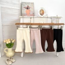 秋冬潮范女童加绒裤子女宝宝纯色百搭花边喇叭裤加厚保暖外穿裤子