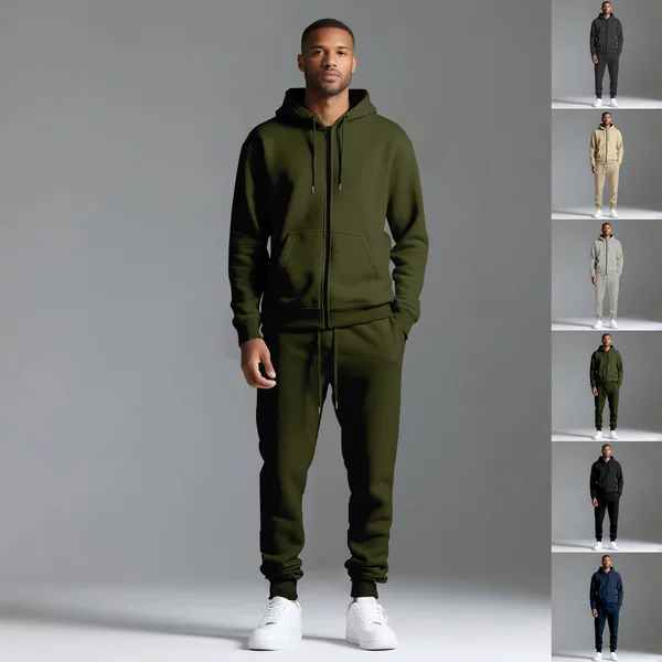 Cross-Border Amazon Autumn and Winter Men's Hooded Sports Suit Fleece Zipper Sweatshirt Jacket Sports Sweatpants 2-Piece Set