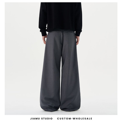 JIAMU Pleated Trousers, American Street Style Baggy Neutral Curved Blade Casual Wide Leg Loose Silhouette Pants for Men and Women