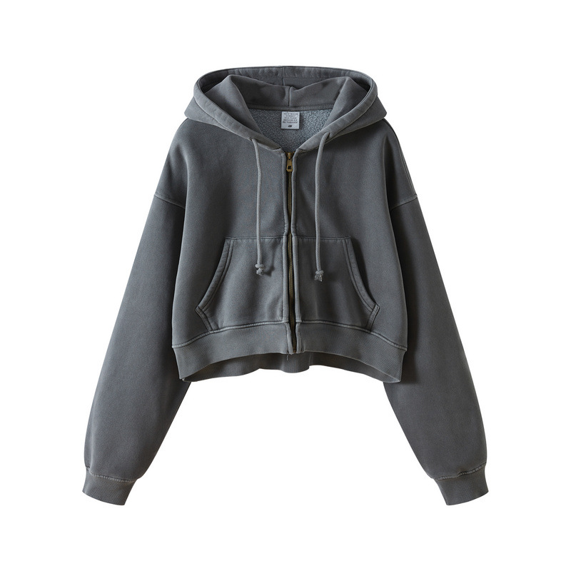 Men's Clothing high street fashion brand autumn and winter heavy 380G washed plus velvet zipper hooded sweatshirt retro hot girl short top_voghion.com