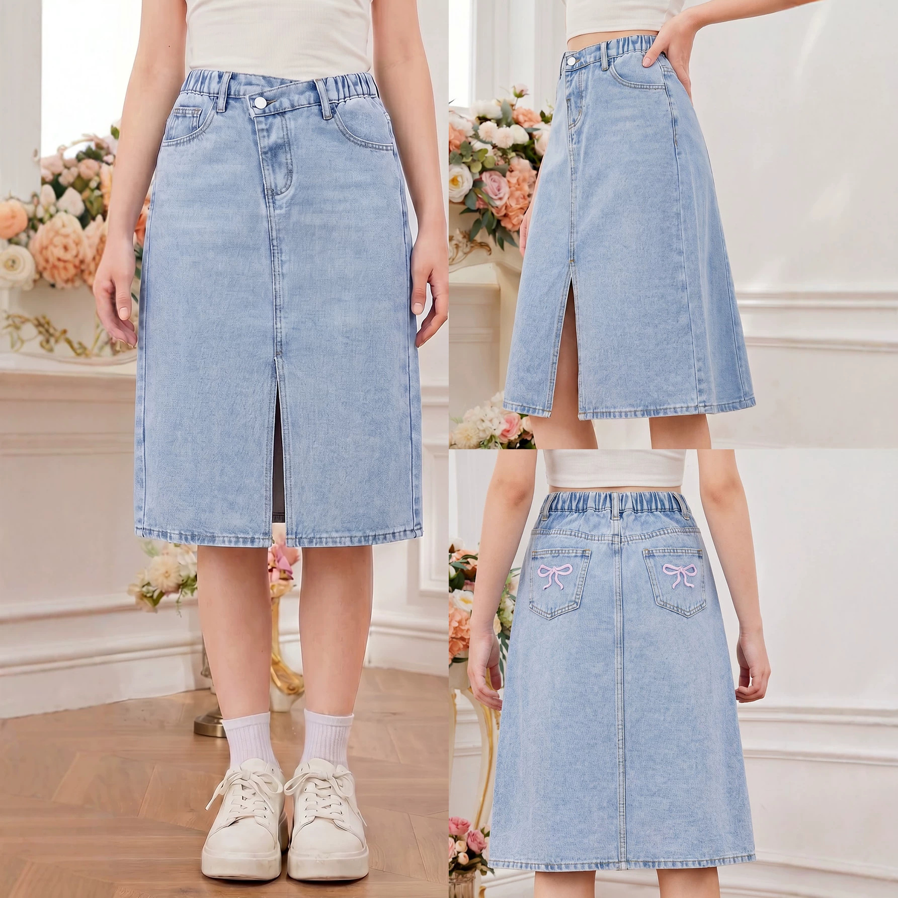 Cross-border foreign trade girls' bow-tie casual versatile slit bodycon denim midi skirt for older children