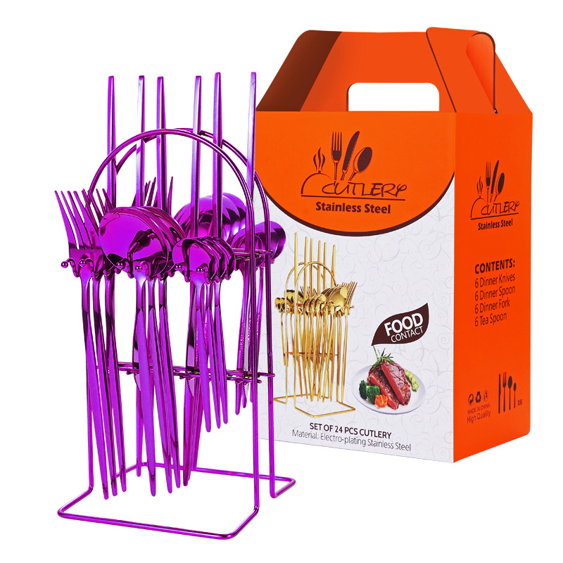 Transfronterizo Amazon Portugal comida occidental cuatro principales vajilla de acero inoxidable 24 piezas vajilla rack caja de regalo rack traje