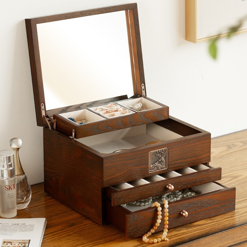 Jewelry Box Earrings Ring Jewelry Storage Box Retro Accessible Luxury High-End Exquisite Large-Capacity Wooden Multi-Layer Jewelry Box