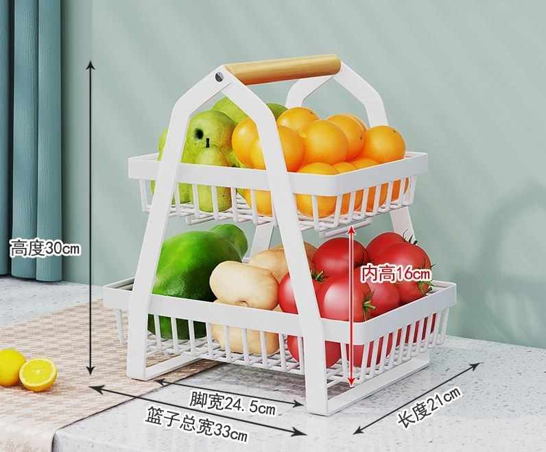 Condimento transfronterizo de aperitivos de hierro cesta de verduras y frutas mesa de cocina cesta de almacenamiento estante de almacenamiento cesta de hierro portátil de doble capa