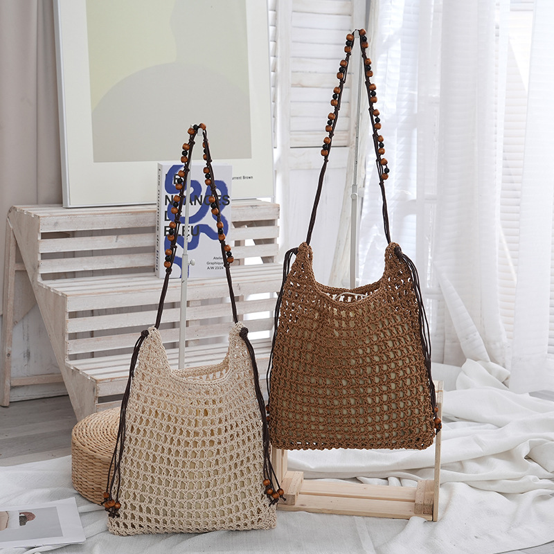 Women's Waxed Rope Hollow Woven Beach Tote Bag - Large Capacity Summer Shoulder & Underarm Bag - Thumbnail 2